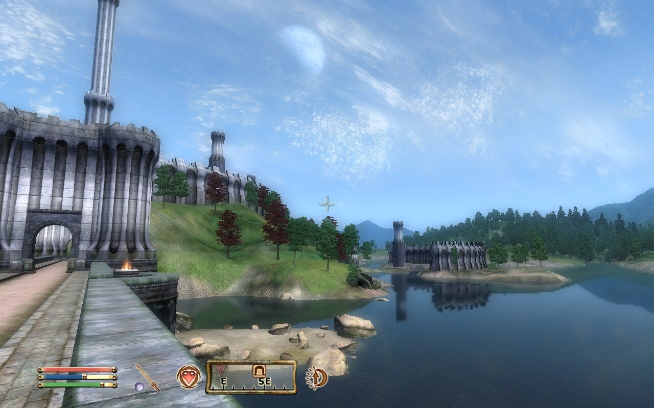 A view from a bridge looking out across the water in Oblivion.