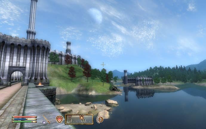 A view from a bridge looking out across the water in Oblivion.