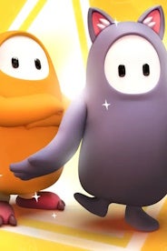 cropped image of an orange fall guy with bear claw feet cosmetic on standing beside a dark grey fall guy with tabby cat ears cosmetic on, on a bright orange and yellow background