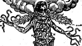 An illustration of a mythological monster Typhon, with serpent hands and clouds around its head.