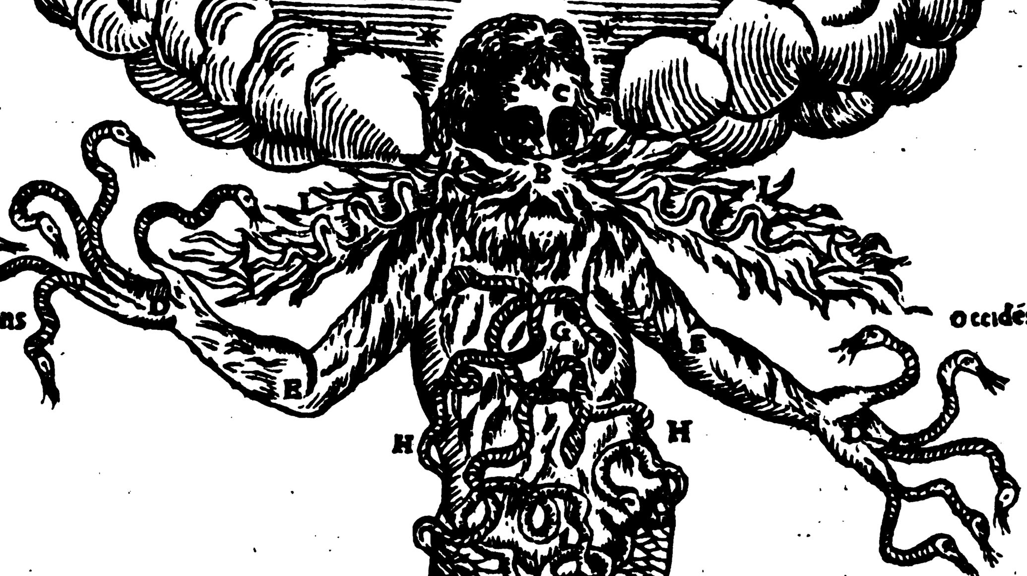 An illustration of a mythological monster Typhon, with serpent hands and clouds around its head. - 1