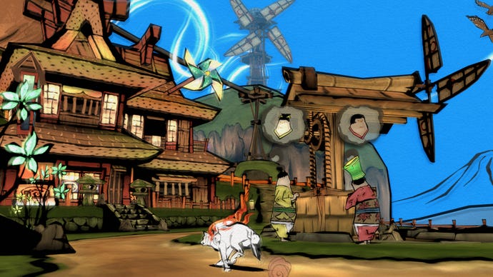 A white wolf runs through a Japanese village in Okami HD