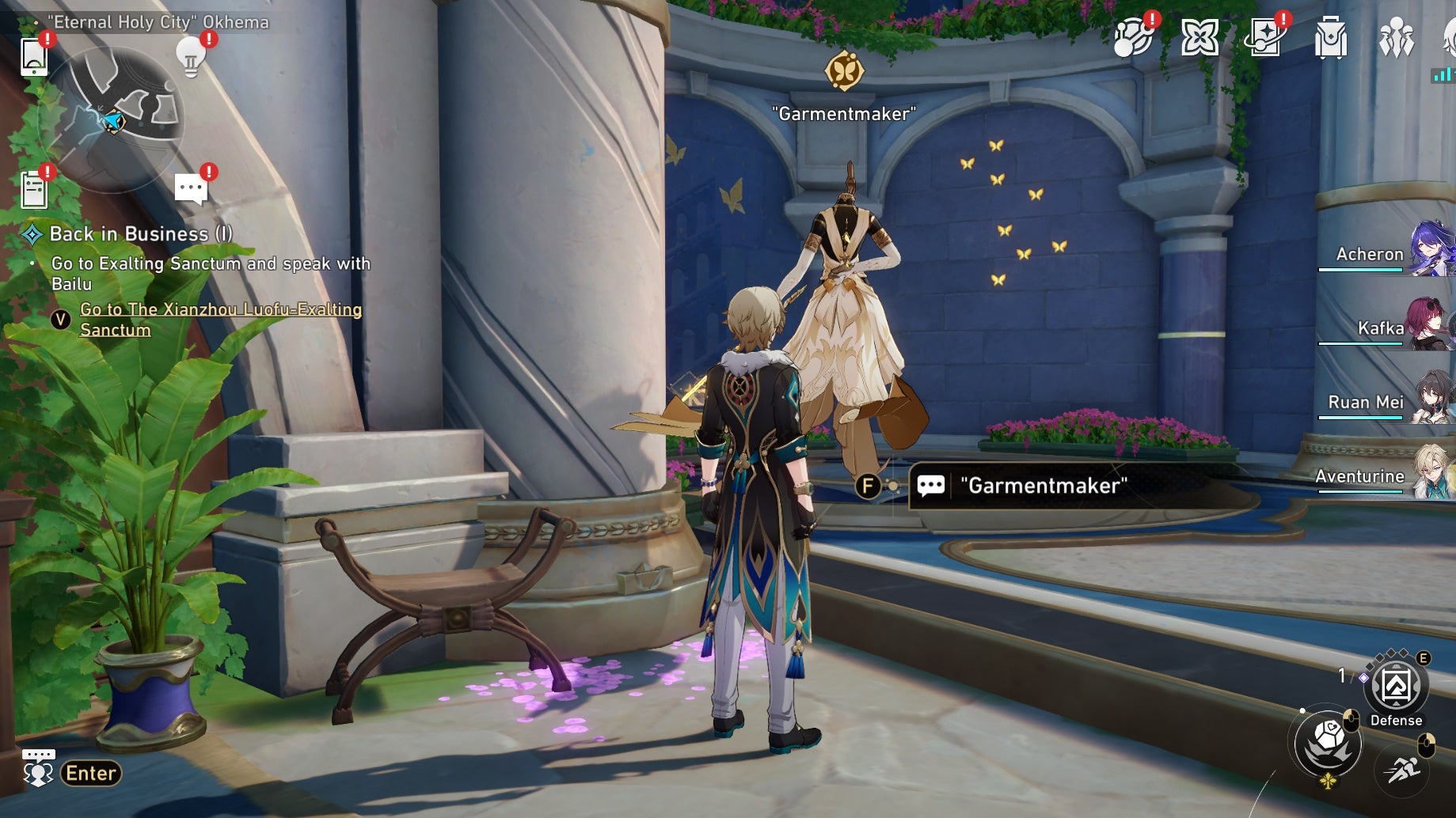 Aventurine looking a Nymph in Okhema in Honkai Star Rail.