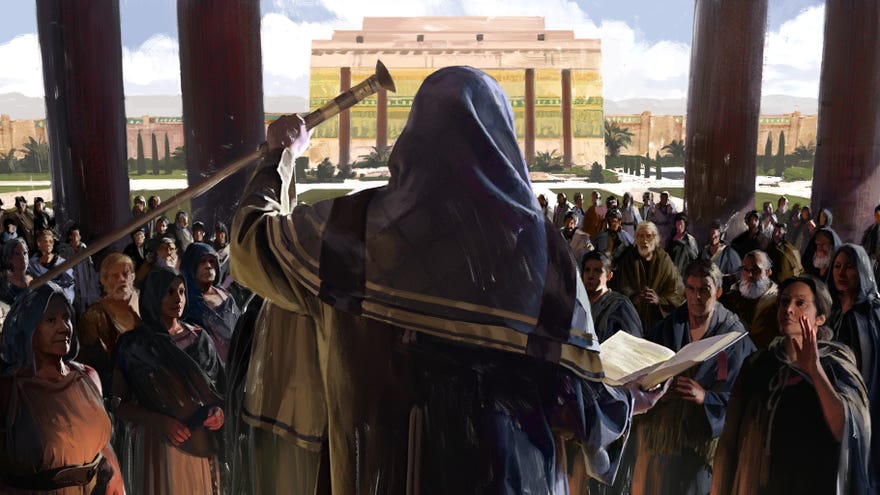 Key art from Old World’s The Sacred And The Profane DLC pack showing a religious leader and their followers