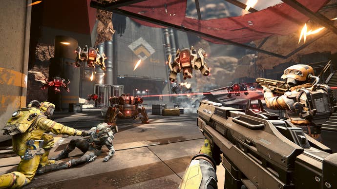 Jumpship screenshot showing a frenetic gun battle with drones from first-person view.