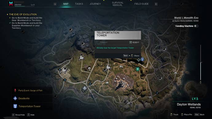 The location of a Teleportation Tower on the Once Human map is marked