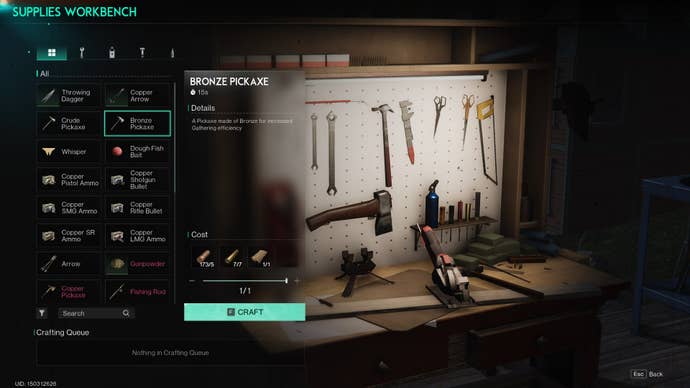 The player looks at the recipe for crafting a Bronze Pickaxe at the Supplies Workbench in Once Human