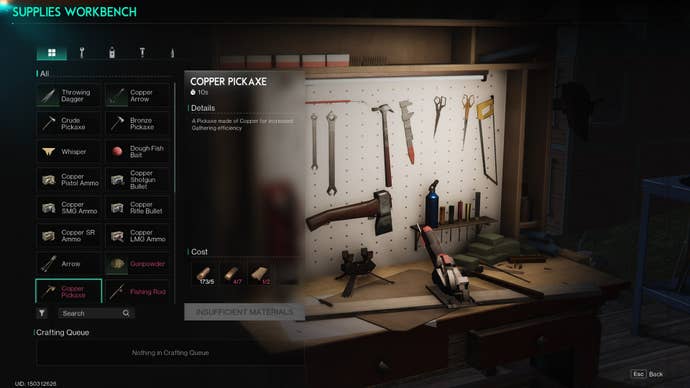 The player looks at the recipe for crafting a Copper Pickaxe at the Supplies Workbench in Once Human