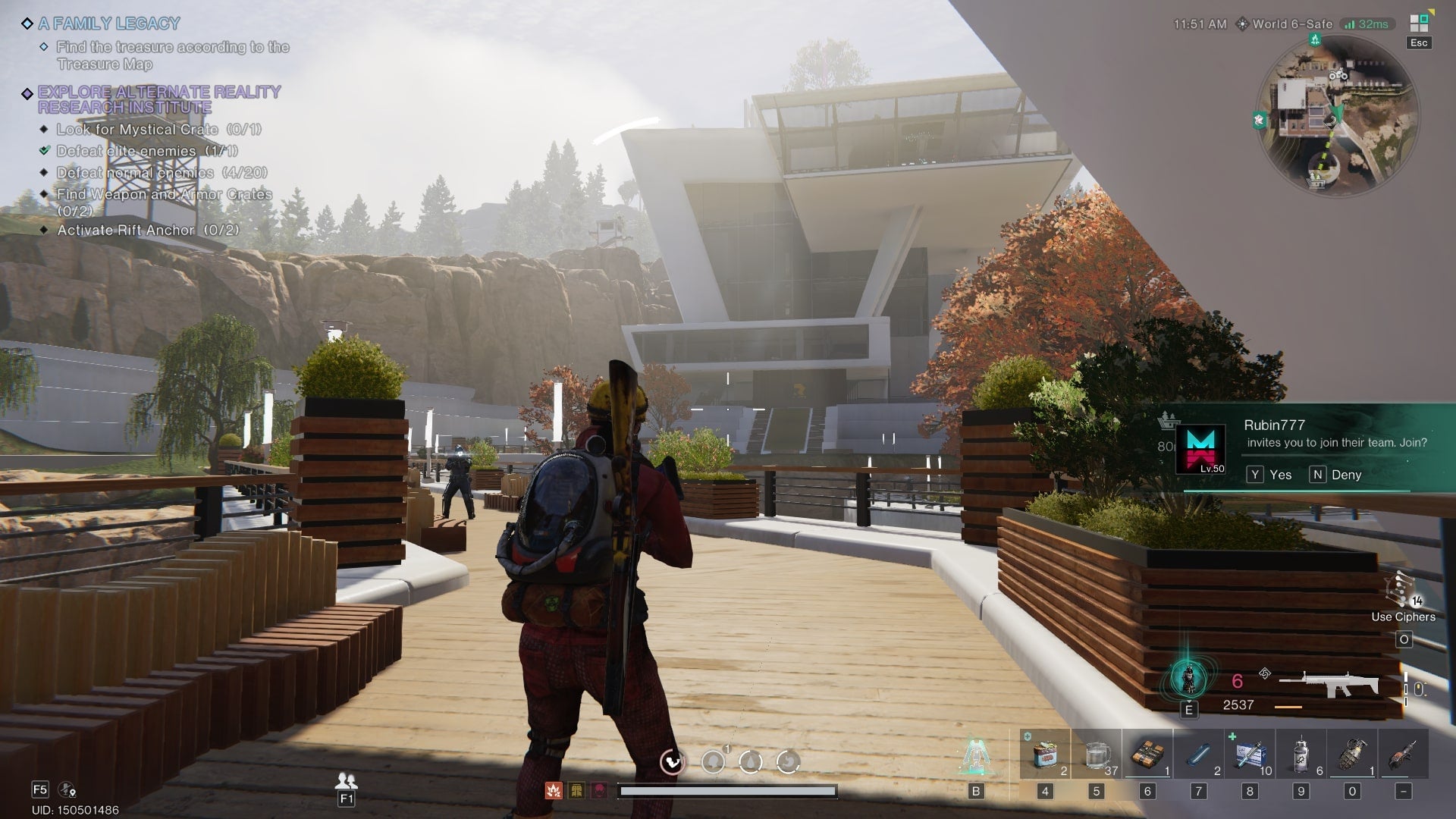 The player looks towards the entrance of the main building at the Alternate Reality Research Institute in Once Human