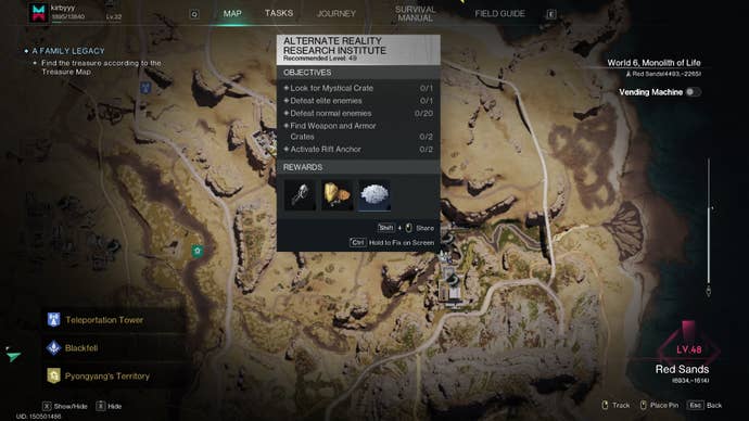 The location of the Alternate Reality Research Institute is marked on the Once Human map