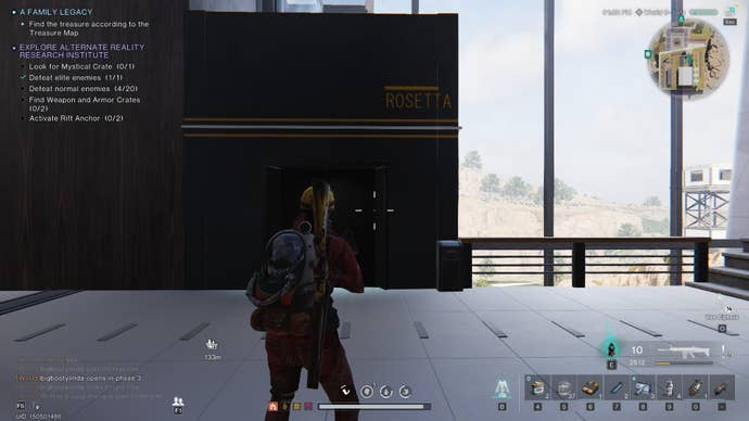 The player looks at an elevator, with staircases either side of it, in Once Human