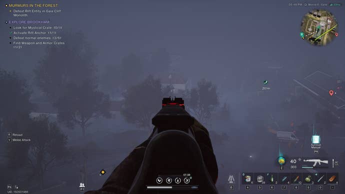 The player aims at a white, wooden house with a red-brick roof where a crate can be found in Once Human’s Brookham area