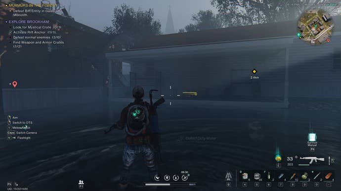 The player stands in a flooded garden look at an Armor Crate on a patio in Once Human’s Brookham area