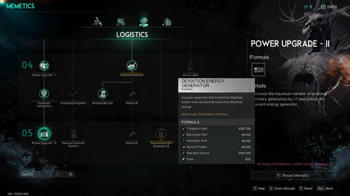 The player looks at the Memetics required to unlock a Deviation Energy Generator in Once Human
