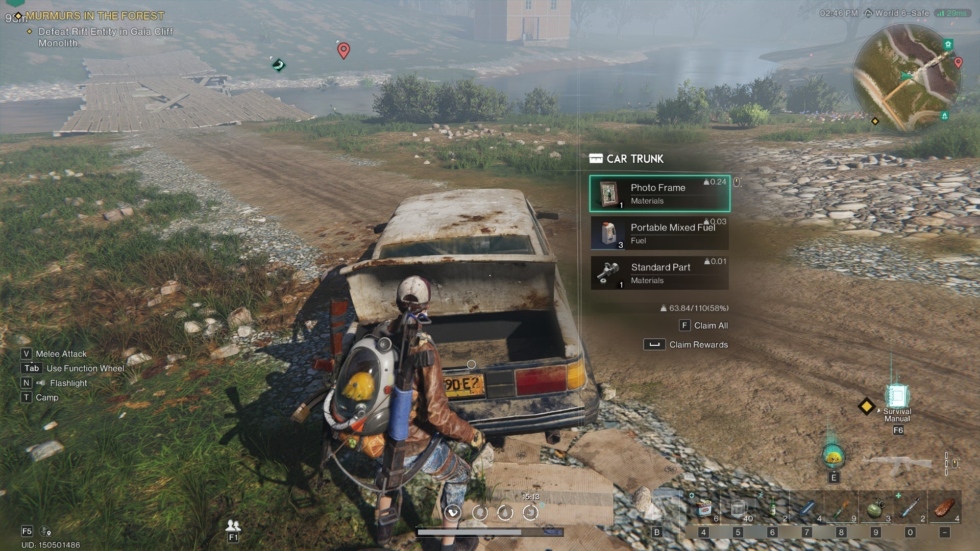 The player loots Mixed Fuel from the boot of an abandoned car in Once Human - 3