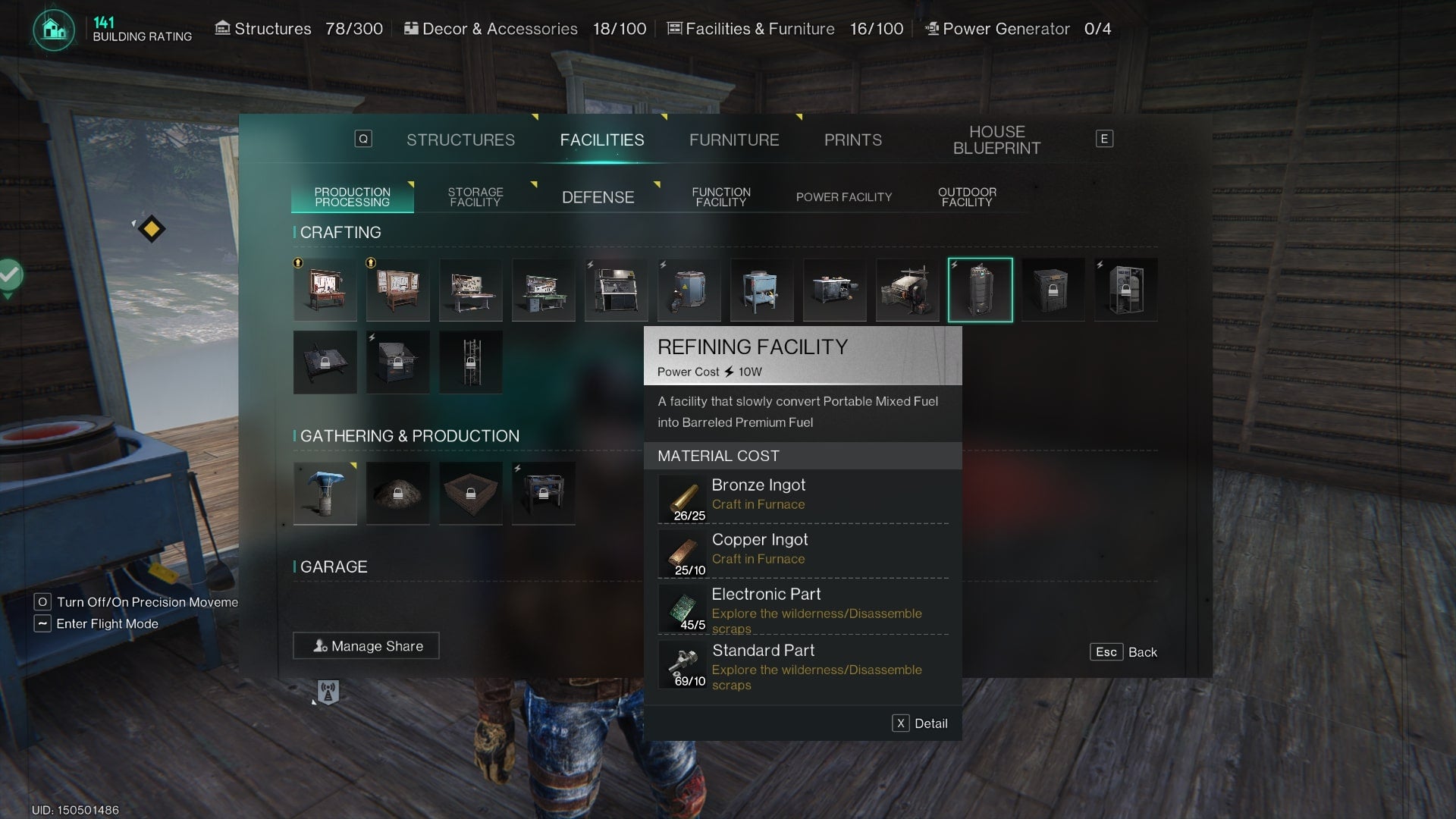The player looks at the items needed to craft a Refining Facility in the build menu in Once Human - 5