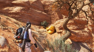 The player looks at a Gold Ore deposit in a wall in Once Human's Red Sands region