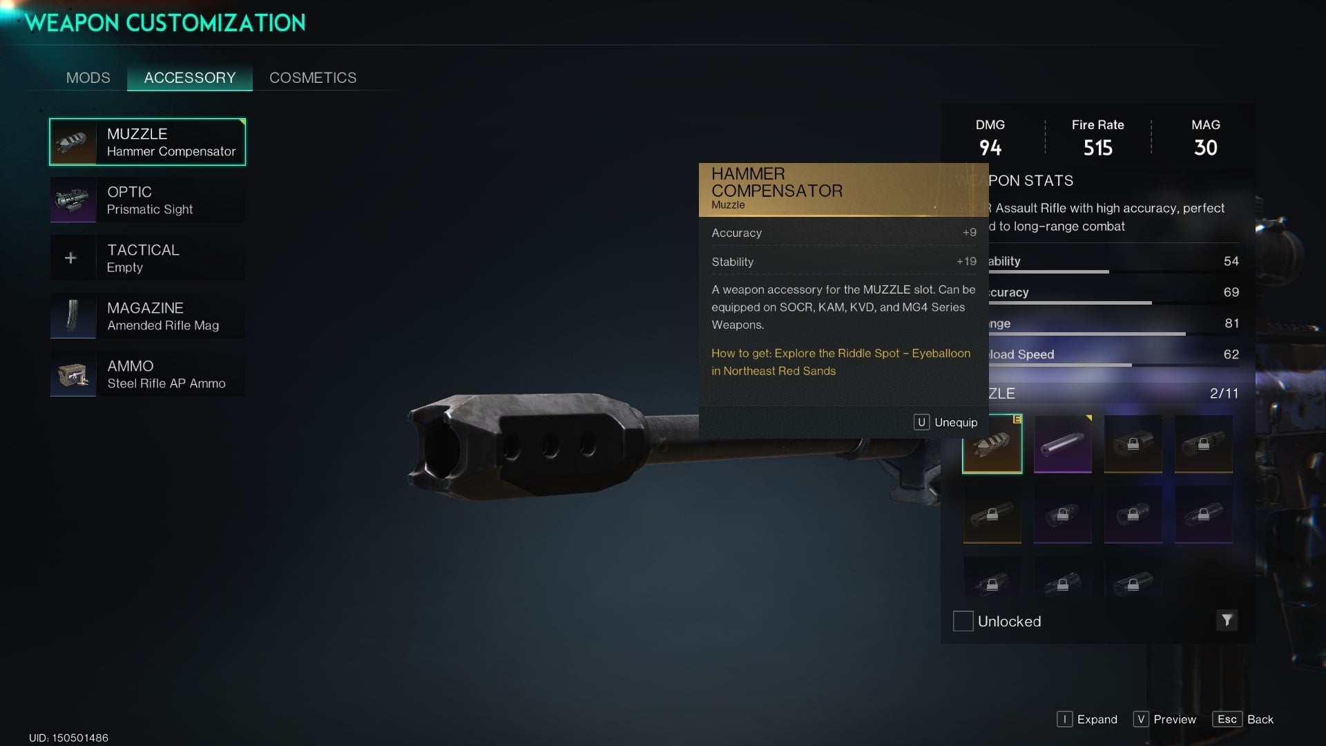 The Hammer Compensator attachment is shown in the mod menu of Once Human - 5