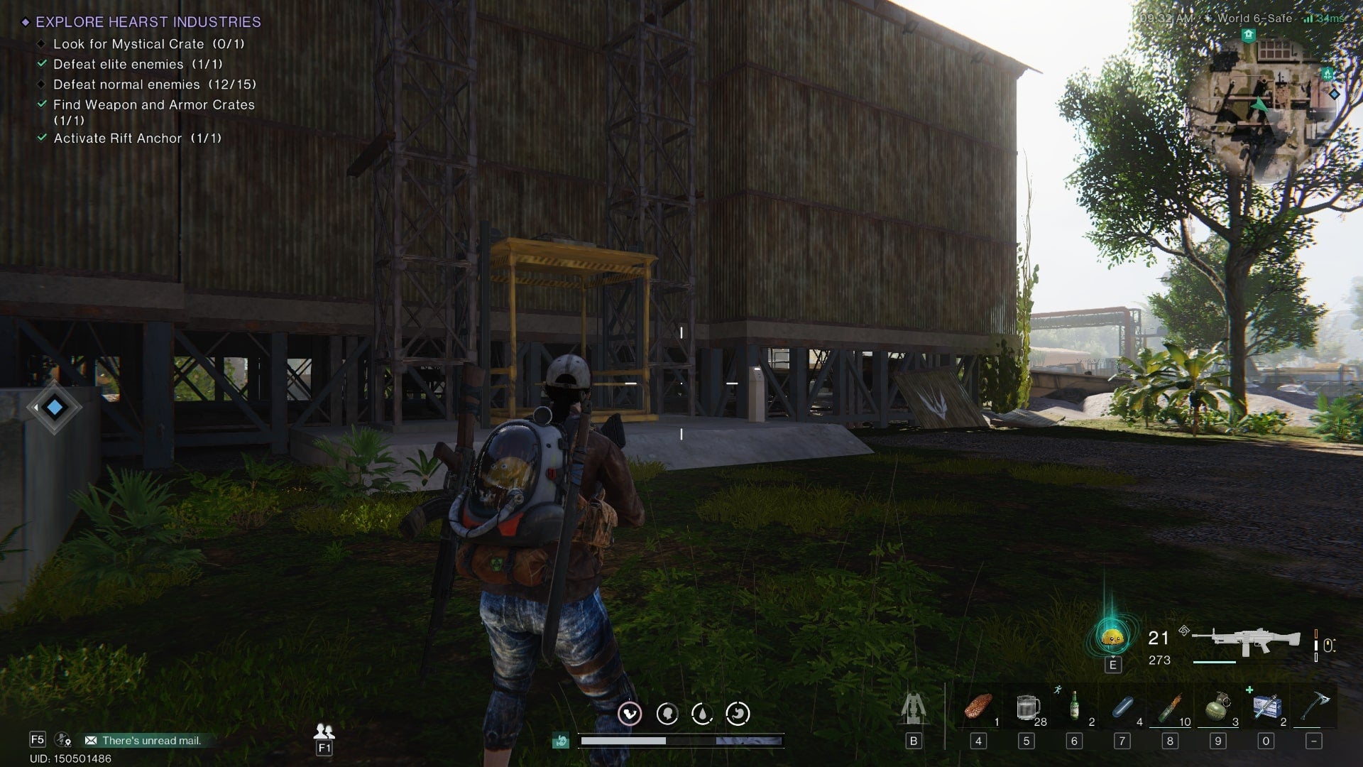 The player looks at an elevator behind a warehouse in Once Human&rsquo;s Hearst Industries