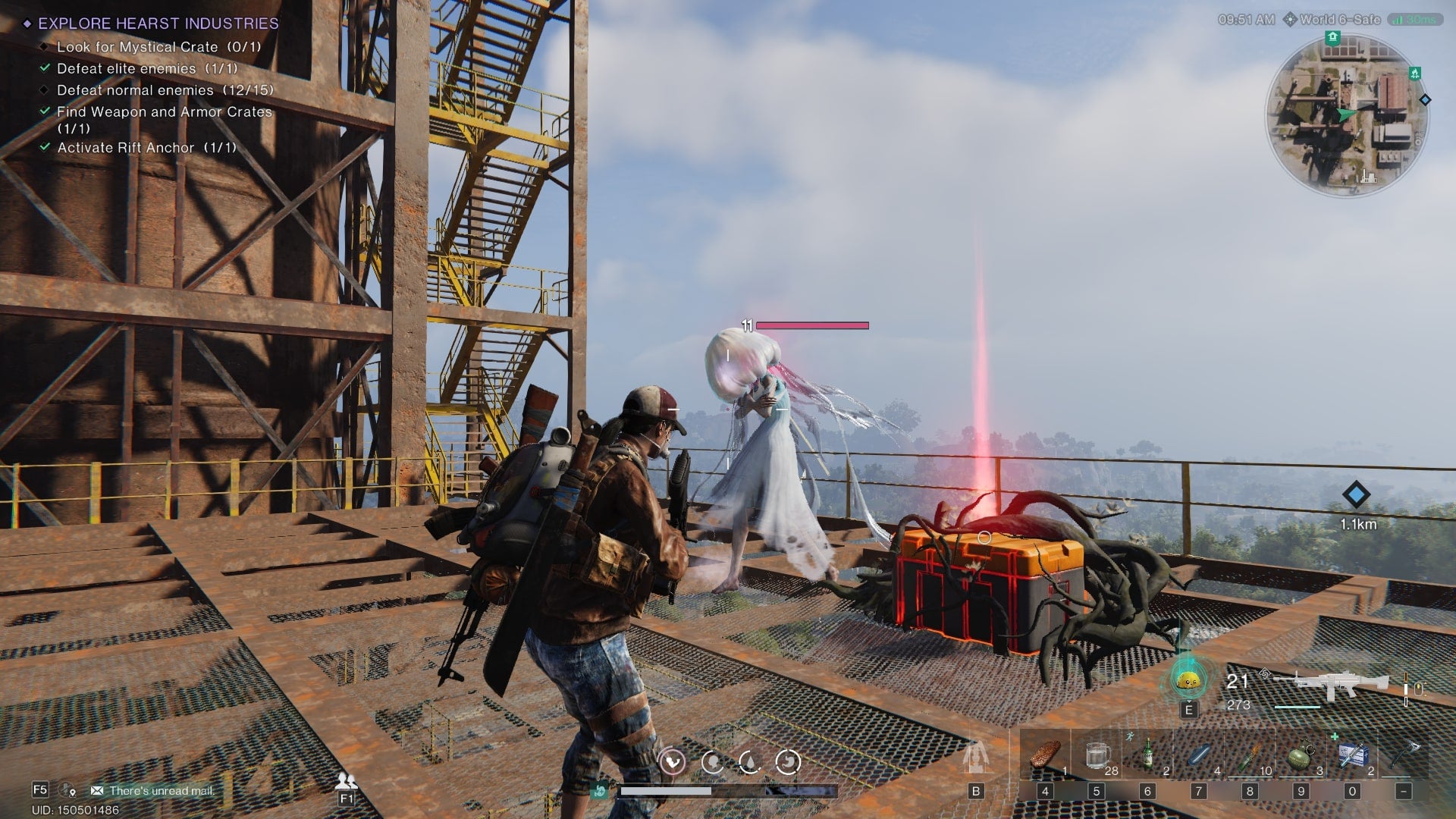 The player looks at a Mystical Crate beside a Mother of Life enemy in Once Human's Hearst Industries - 8