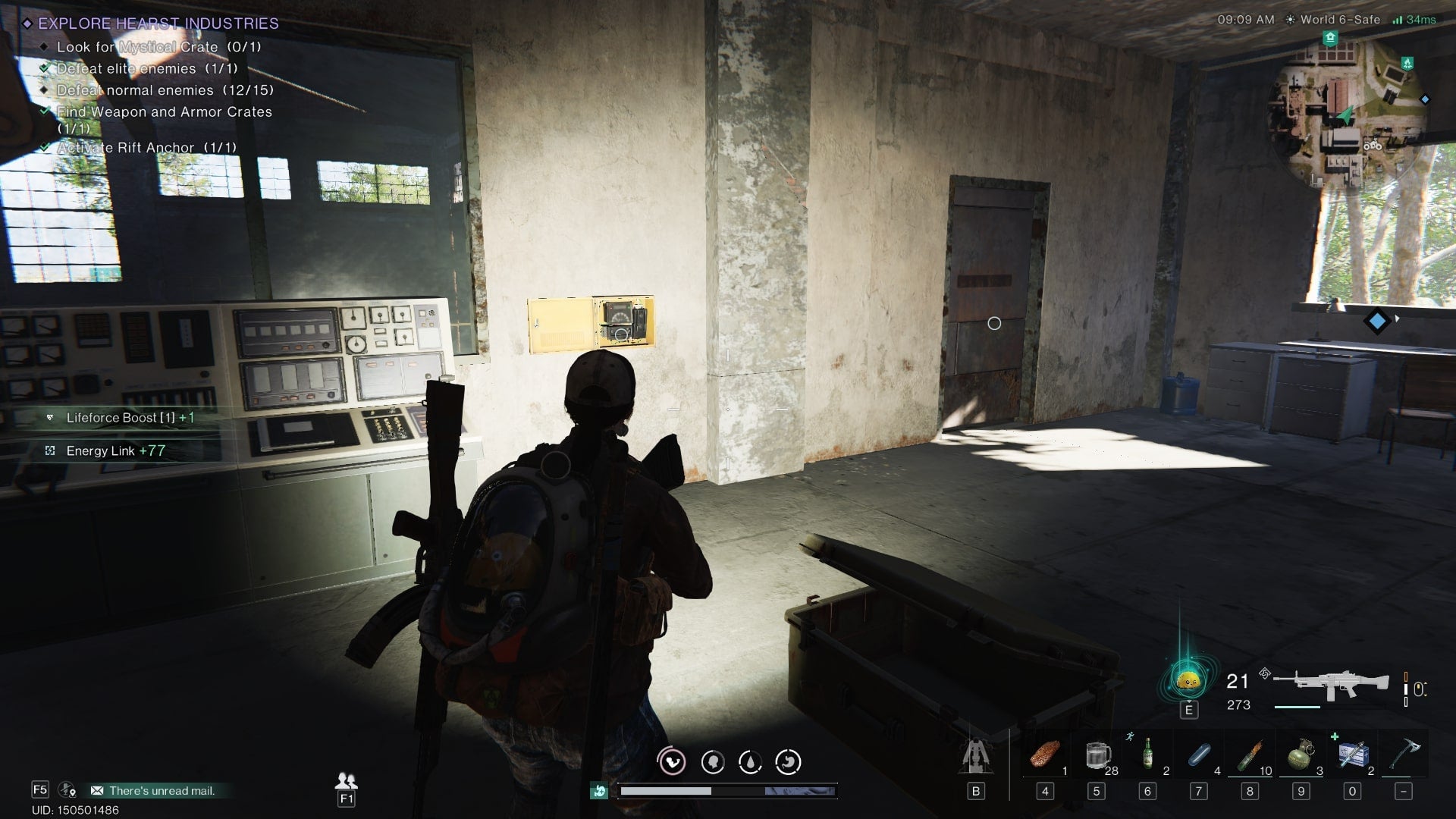 The player faces an opened Gear Crate and a power switch in Once Human - 5