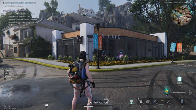 The player faces a Coffee Shop in the High Banks area of Once Human