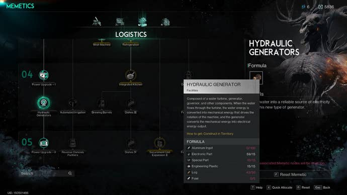 The Memetic for the Hydraulic Generator is shown in the Memetics menu in Once Human