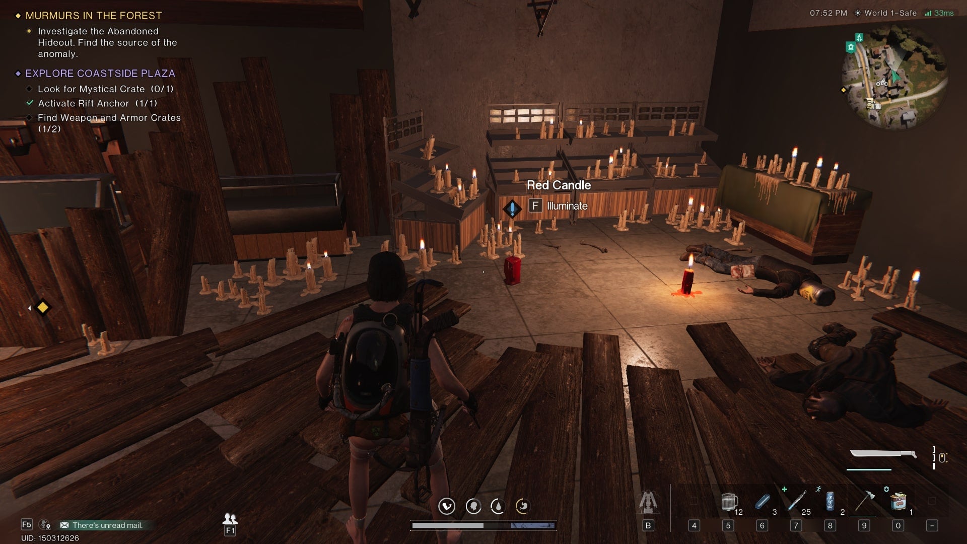 The player looks at multiple candles and cultist corpses in Coastside Plaza in Once Human - 4