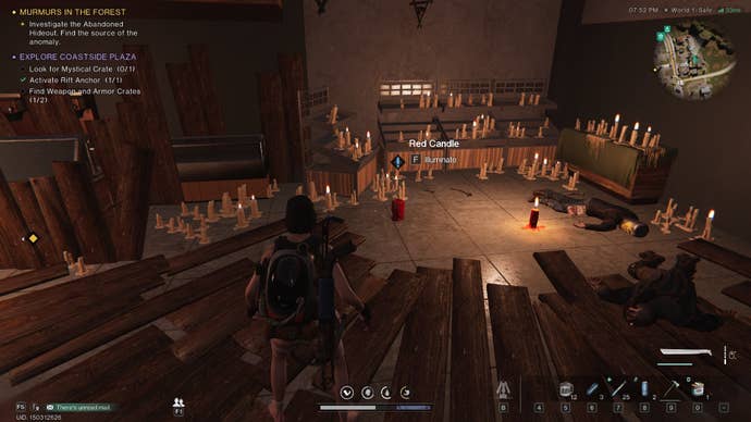 The player looks at multiple candles and cultist corpses in Coastside Plaza in Once Human