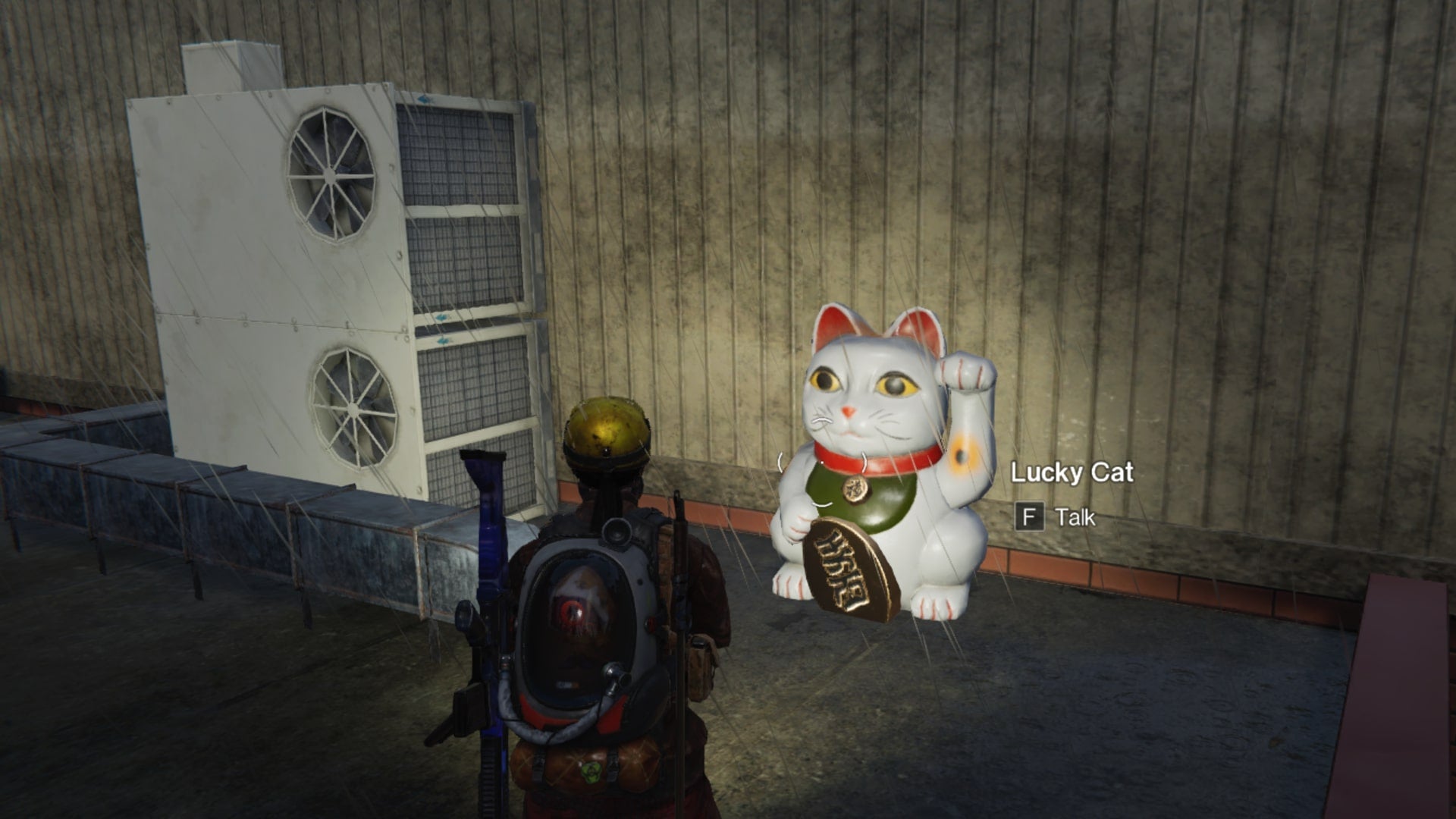 The player looks at a Lucky Cat on a rooftop in Once Human - 1
