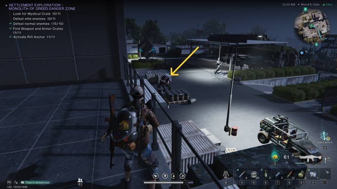 The player looks down at an elite enemy at the Monolith of Greed in Once Human