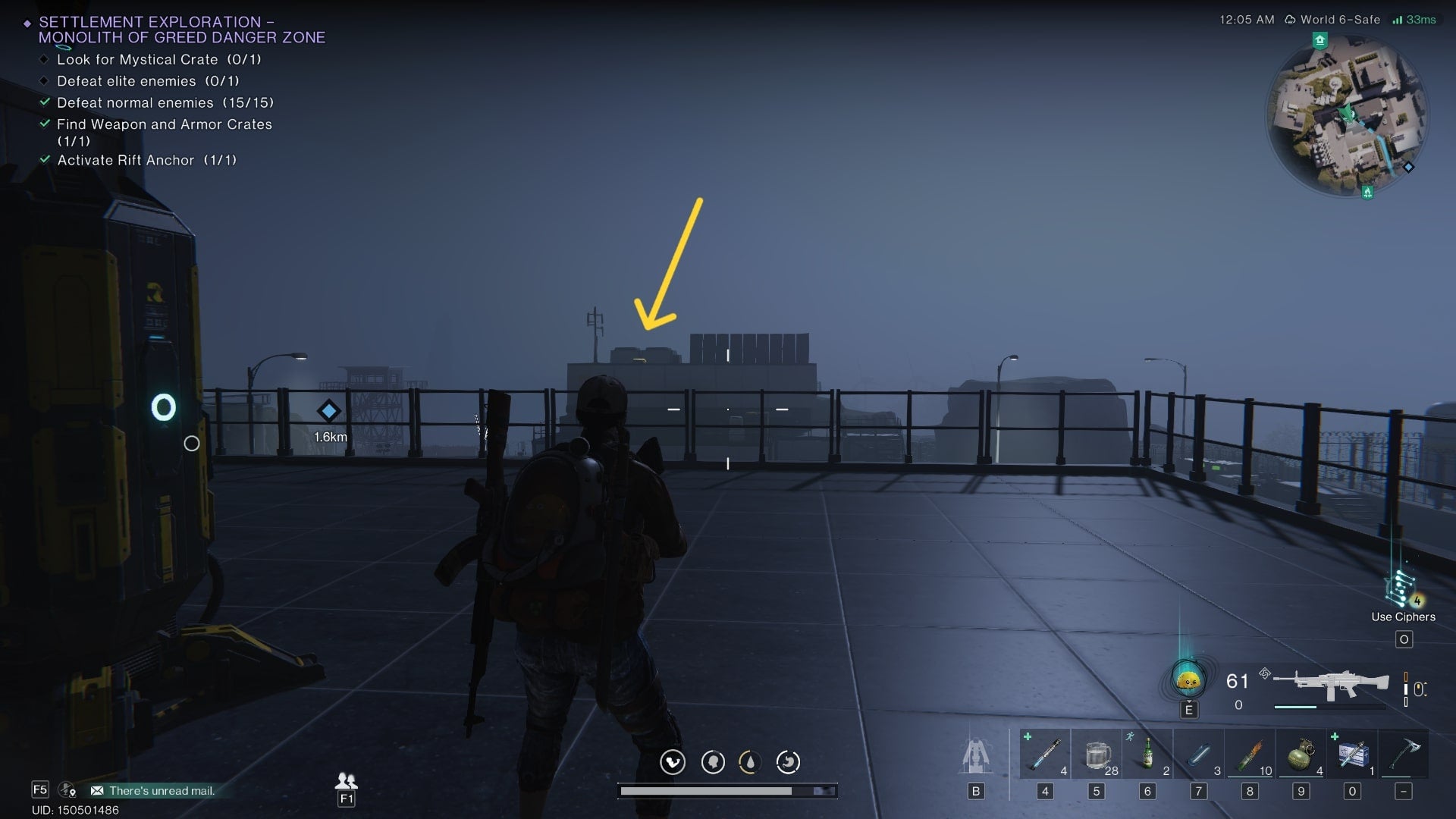 The player looks toward a building in the distance that has a Gear Crate atop it in Once Human - 3