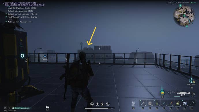 The player looks toward a building in the distance that has a Gear Crate atop it in Once Human