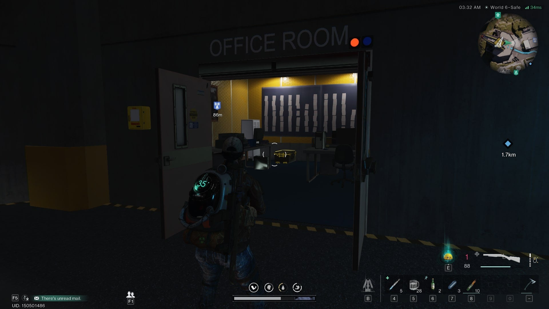 The player looks inside the Office Room of Once Human's Monolith of Greed, where a Gear Crate can be seen - 4
