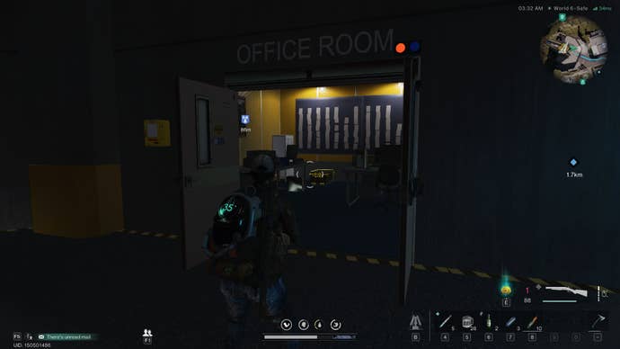 The player looks inside the Office Room of Once Human’s Monolith of Greed, where a Gear Crate can be seen