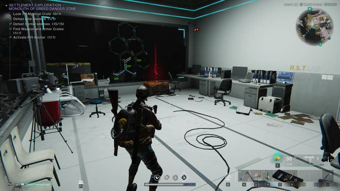 The player, inside a laboratory at the Monolith of Greed, looks at a Mystical Crate in Once Human