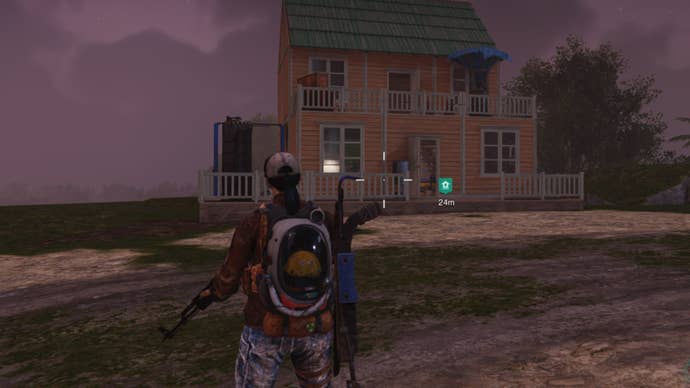 The player stands outside of their territory and faces their base in Once Human