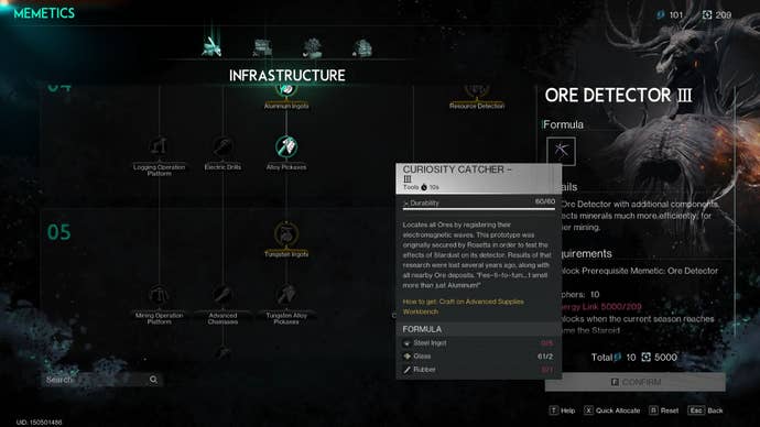 The Ore Detector 3 item description is shown in the Memetics menu of Once Human