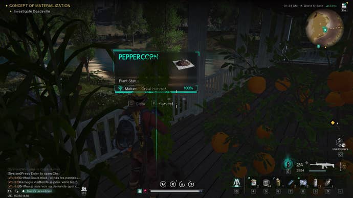 The player looks at their fully grown Peppercorn Plant at their base in Once Human