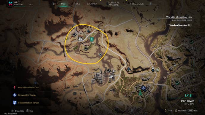 The location of a polluted area near Evergreen is marked on the map in Once Human
