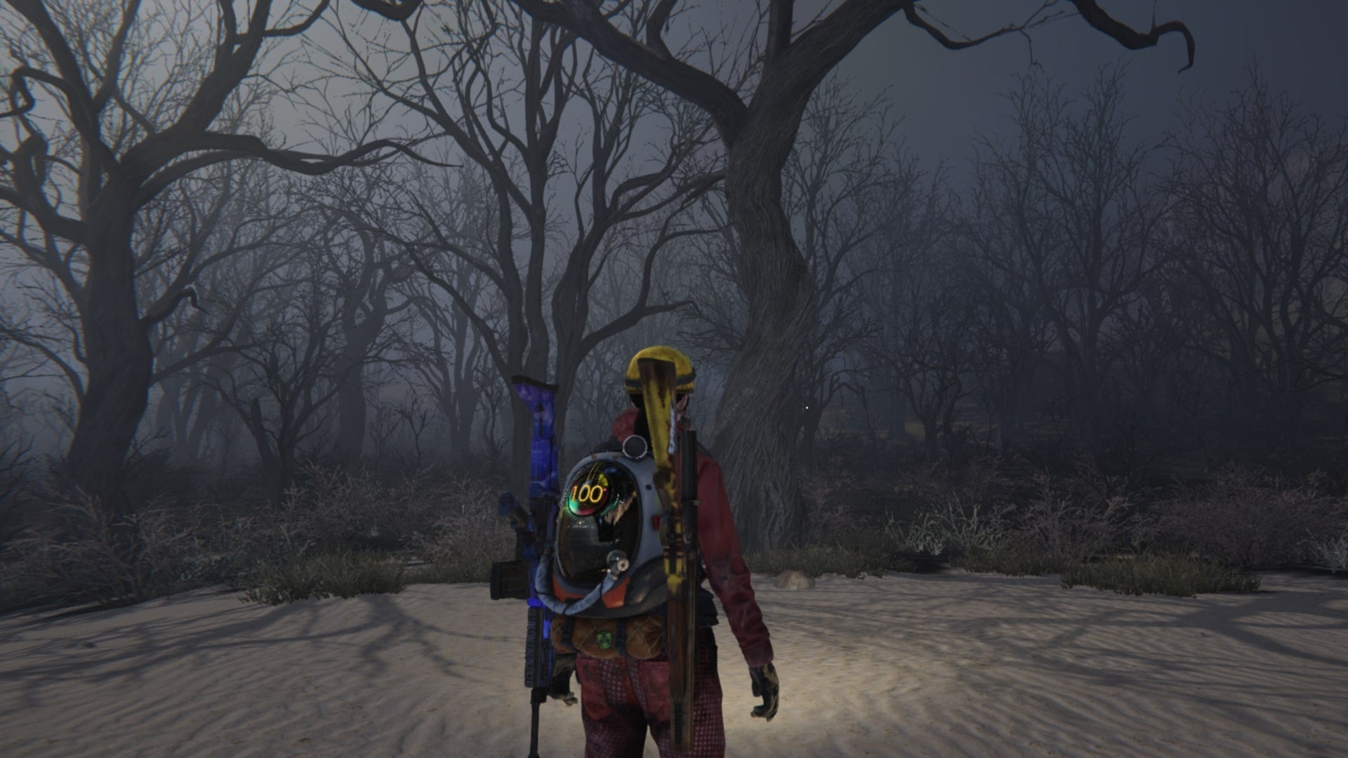 The player stands outside of their base, which is in a heavily polluted area, in Once Human - 1