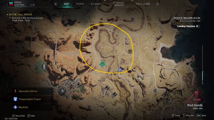 An area full of oil rigs in Red Sands is marked on the Once Human map