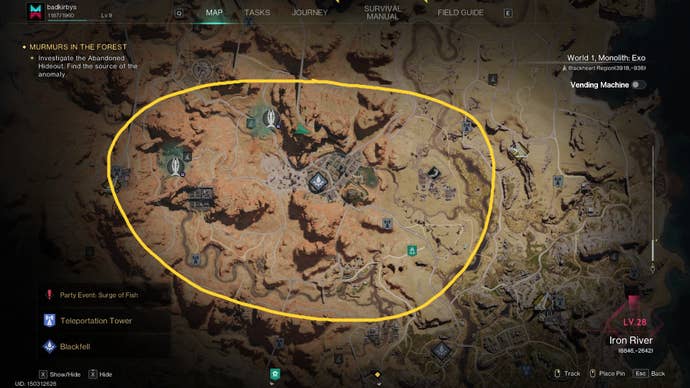 The Red Sands region of the Once Human map is shown, with a circle pointing out where Gold Ore, Aluminum Ore, and Tungsten Ore can be found