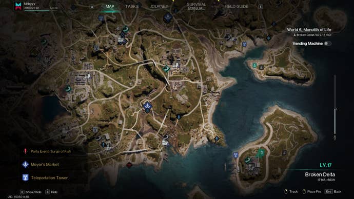 The Once Human map is shown, zoomed in on various beaches and islands