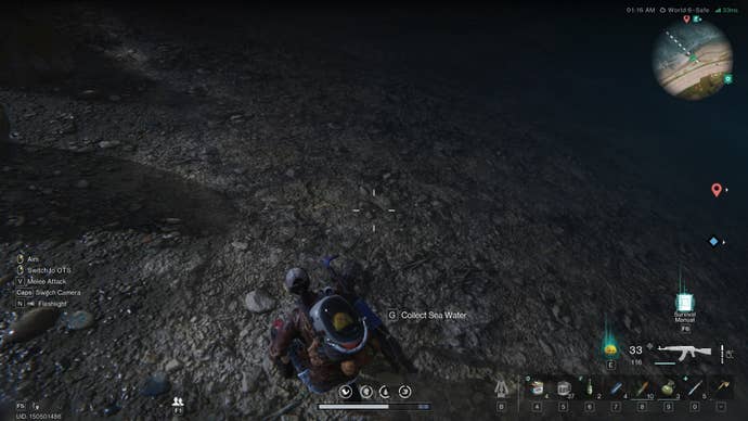 The player is collecting sea water from the coast in Once Human