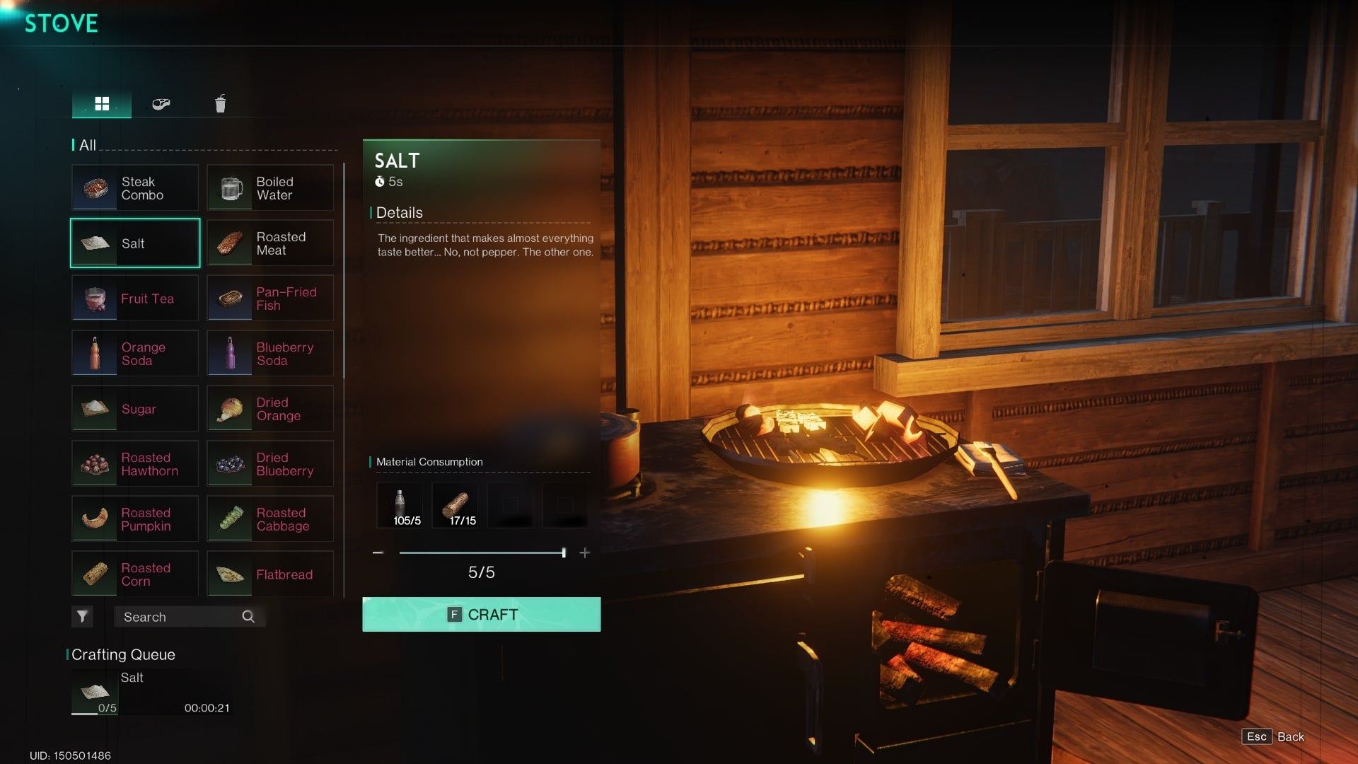 The recipe for making salt at a stove in Once Human is shown: three Logs and one Sea Water is needed - 5