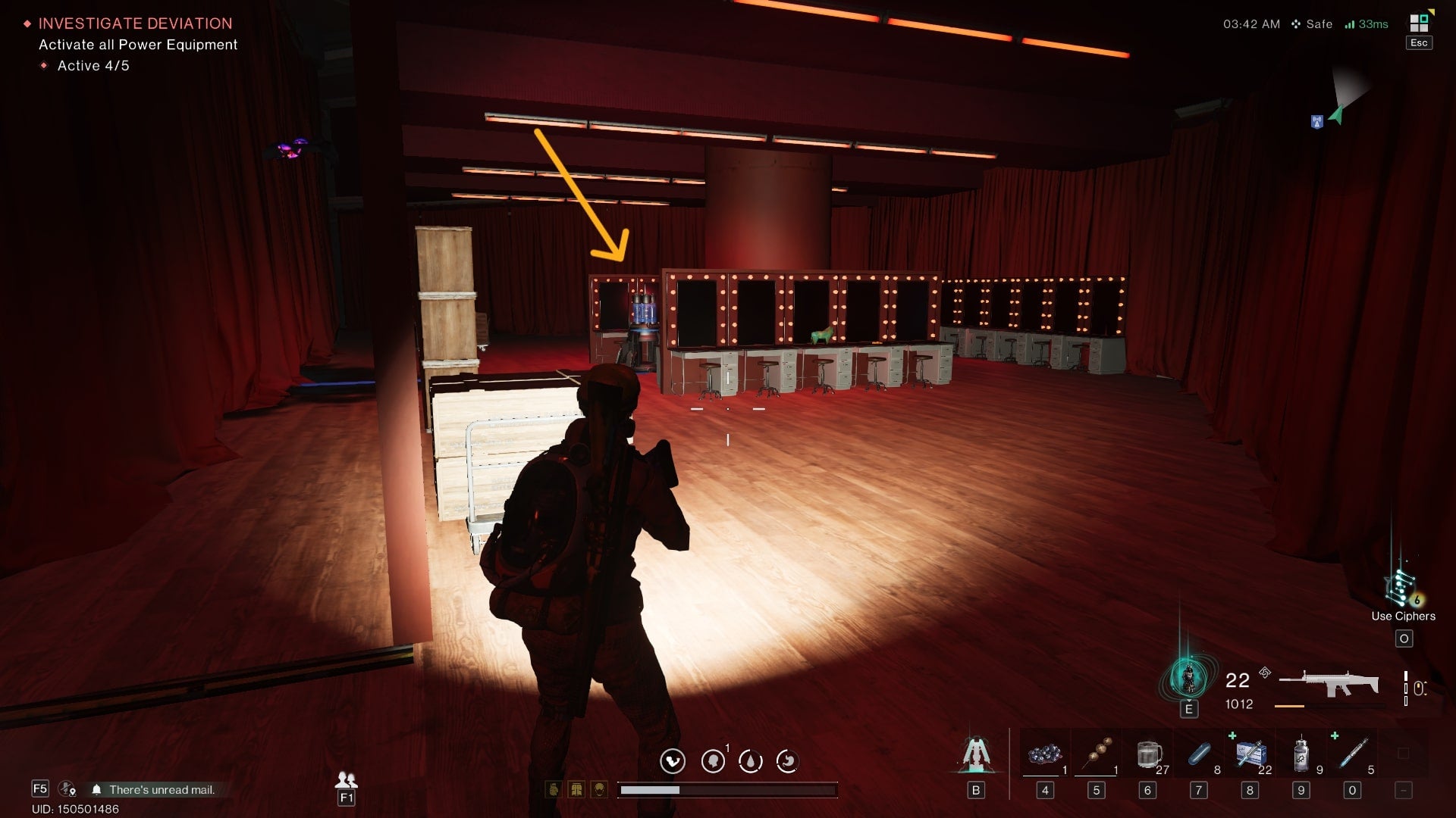 The player looks at some power equipment in a dressing room in the Securement Silo Alpha in Once Human - 9