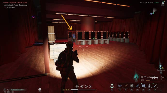 The player looks at some power equipment in a dressing room in the Securement Silo Alpha in Once Human