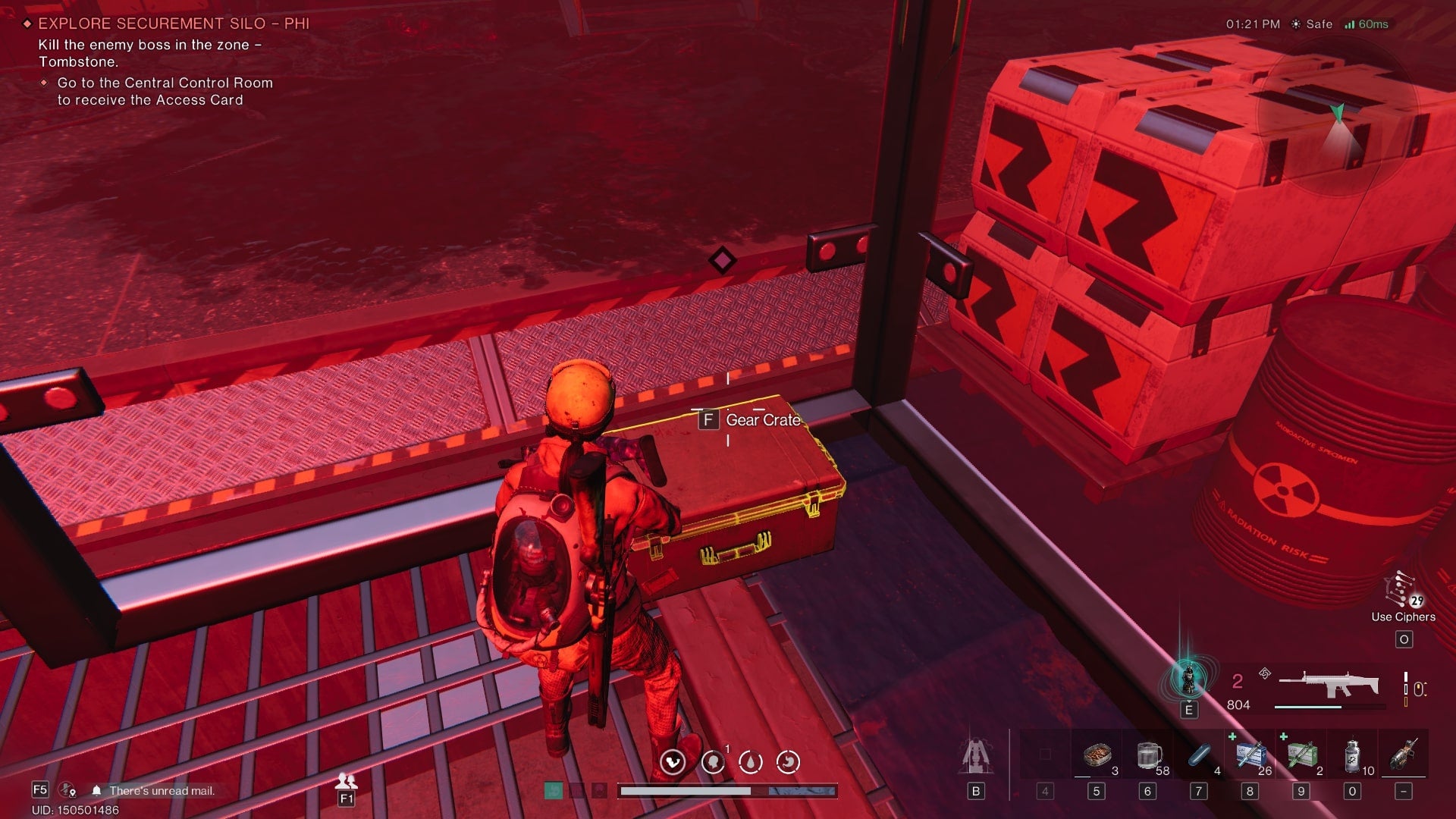 The player opens a Gear Crate in the control room of Securement Silo Phi in Once Human - 5