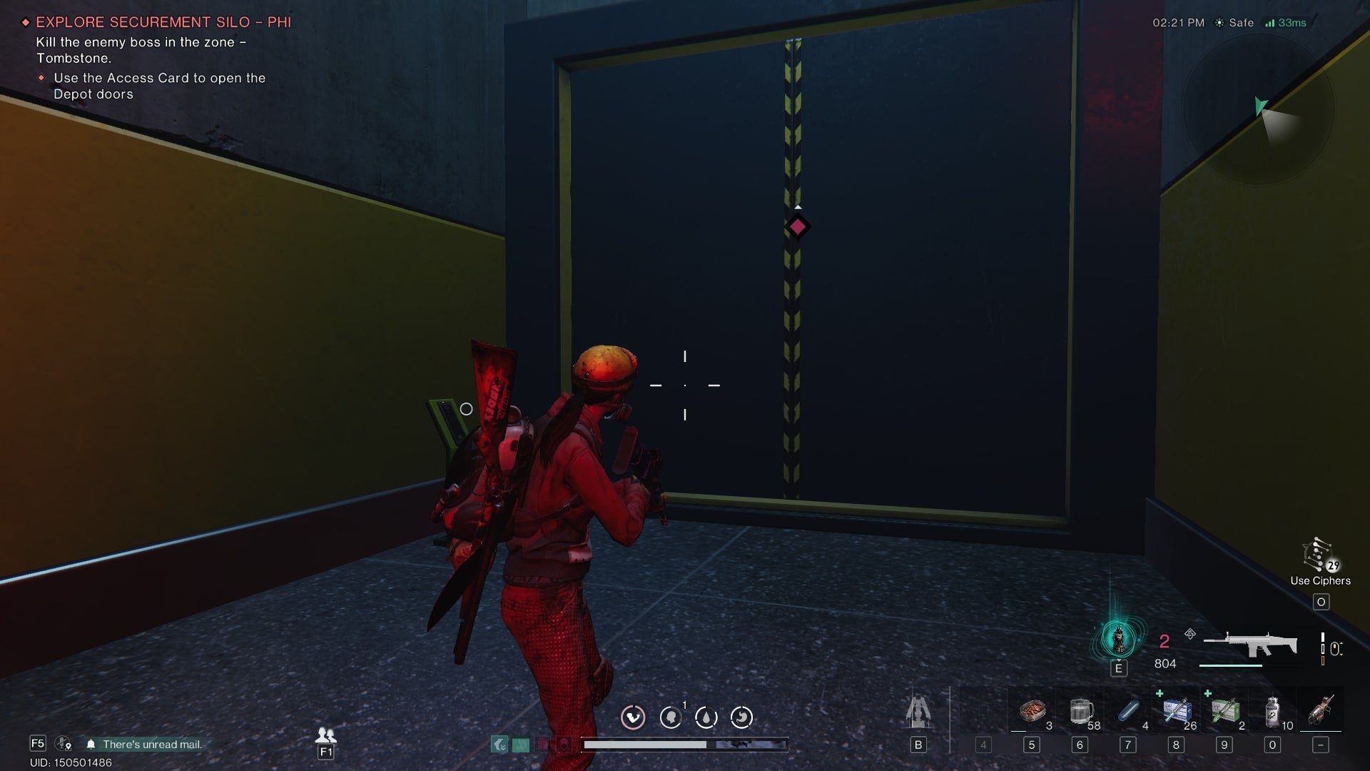 The player faces a sealed door with an Access Card terminal in front of it in Securement Silo Phi in Once Human - 10